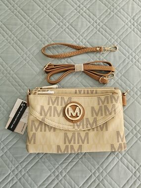 MKF Collection by Mia K Beige Crossbody Purse With Gold Accents